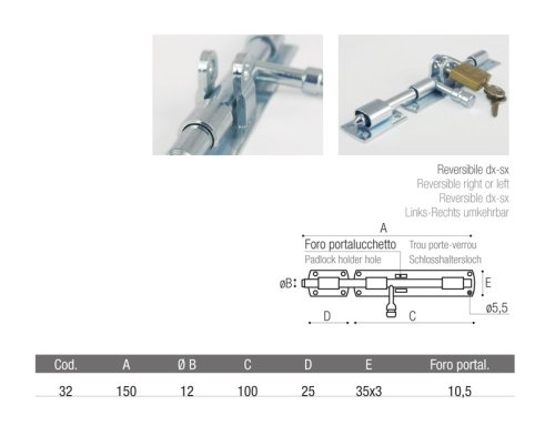 Catenaccio orizzontale ADEM 32 mm 150 perno ø 12 mm
