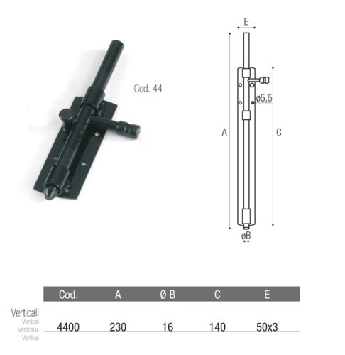 Catenaccio verticale reversibile verniciato di nero ADEM 4400 mm 230x16