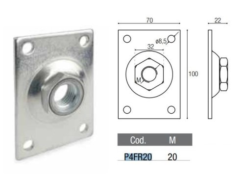 ADEM P4FR20 piastra rettangolare supporto cardine ante cancello foro M20