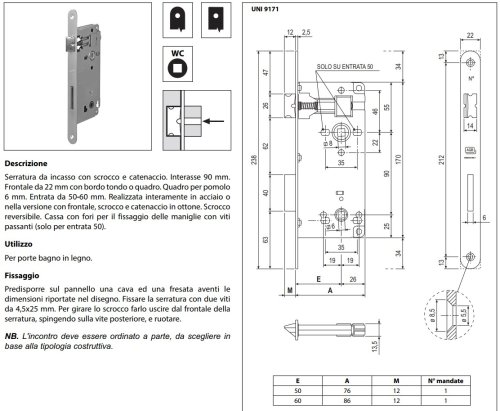 Serratura ad incasso per porte bagno bordo tondo INT.90 mm F22 AGB B00595 - - bronzato