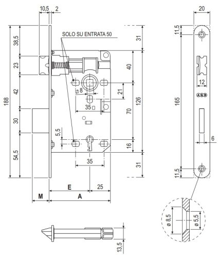 AGB B00571.50.22 serratura porte legno E50 mm frontale bronzo verniciato