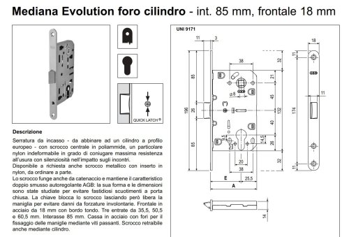 Serratura da incasso per porte interne legno AGB B01103.50 MEDIANA EVOLOTION F18 mm I=85