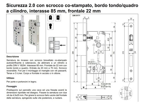 Serratura da incasso porte legno AGB B80852 SICUREZZA 2.0 INT.85 mm F22 mm bordo quadro - E mm 25