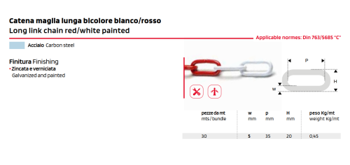 Catena segnaletica Rigamonti in acciaio rosso-bianco maglia 5 mm