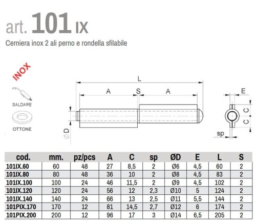 Cerniere 2 ali acciaio inox perno sfilabile COMBI 101IX - mm 80