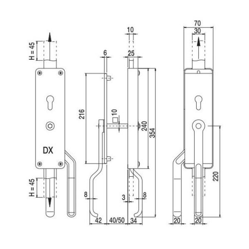 Cariglione portoni per aste da mm 30x10 predisposto per serratura Rolling Center 95 - mano DX
