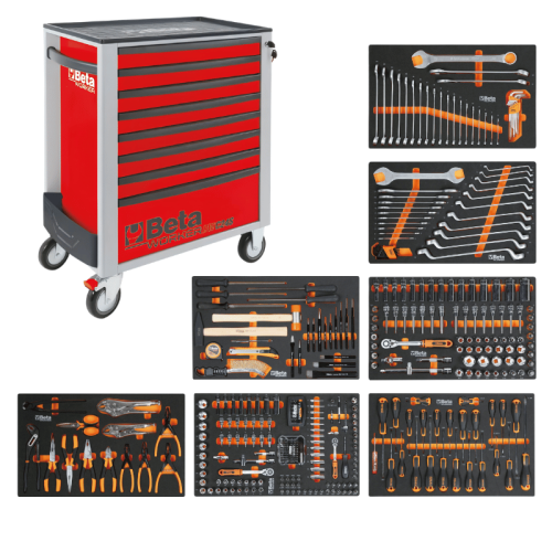 Carrello portautensili 8 cassetti Beta BW2400S 8/E-L-R + 398 attrezzi, rosso