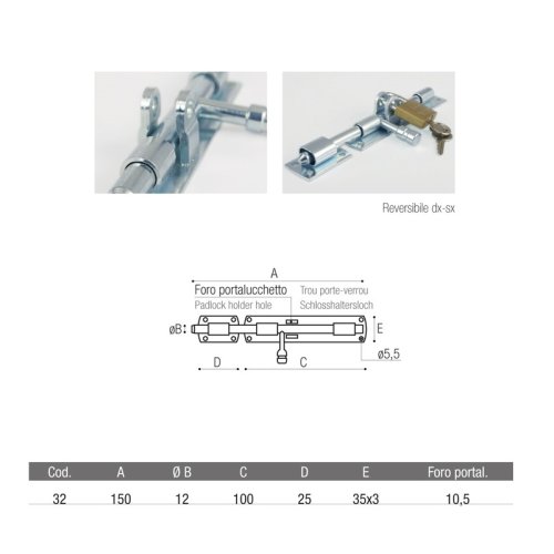 Catenaccio orizzontale ADEM 32 mm 150 perno ø 12 mm