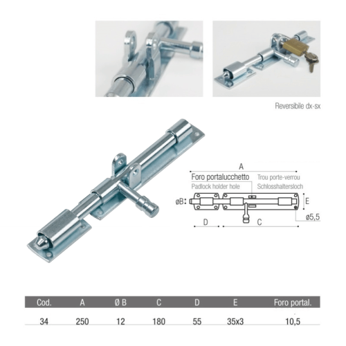 Catenaccio orizzontale ADEM 34 mm 250 perno ø 12 mm