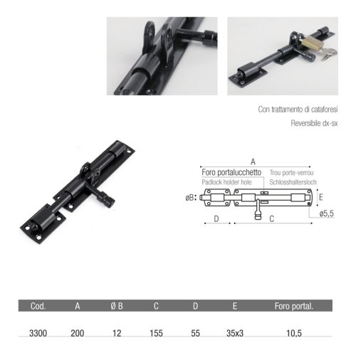 Catenaccio orizzontale verniciato nero ADEM 3300 mm 200 ø perno mm 12