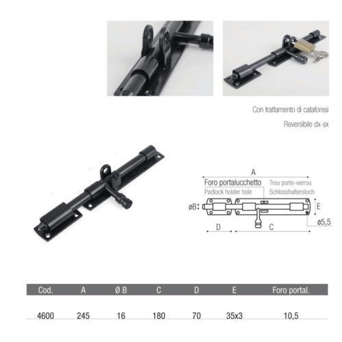 Catenaccio orizzontale verniciato nero ADEM 4600 mm 245 ø perno mm 16