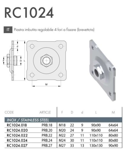 Piastra per cardine imbutita regolabile 4 fori a fissare FAC RC1024 - ø mm 22