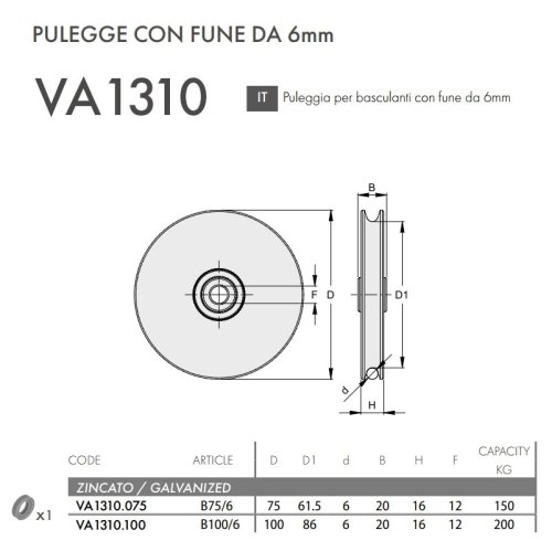 Puleggia-ruota per basculanti con fune ø 6 mm FAC VA1310 - ø mm 75x16