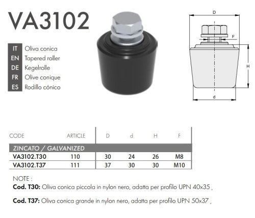 Oliva conica di guida cancello in nylon nero FAC VA3102 - ø mm 30