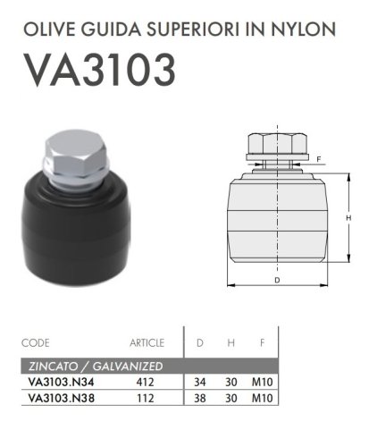 Oliva guida superiore in nyon per cancello scorrevole FAC VA3103 - ø mm 34