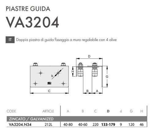 Piastra guida cancello regolabile zincata 4 olive FAC 212L - VA3204.N34