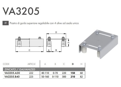 Piastra guida cancello zincata superiore regolabile 4 olive FAC VA3205 - Apertura mm 40-110