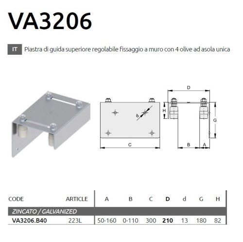 Piastra guida cancello zincata superiore regolabile 4 olive nylon FAC VA3206.B40 - 223L