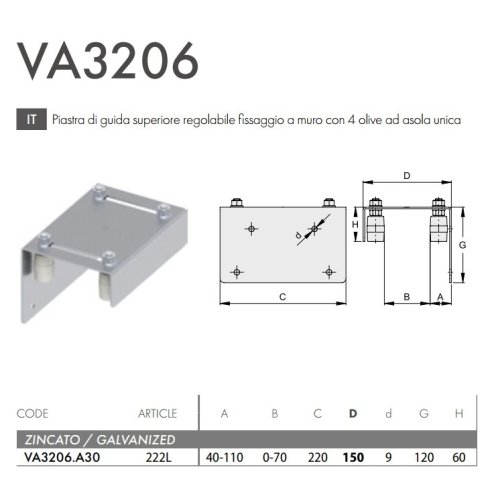 Piastra guida cancello zincata superiore regolabile 4 olive nylon FAC VA3206