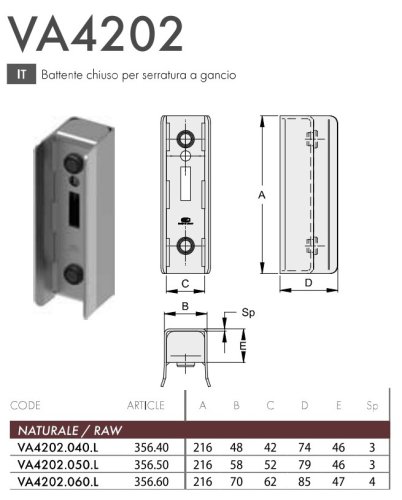 Battente di arresto chiuso per serratura a gancio FAC 356 - VA4202 - mm 40