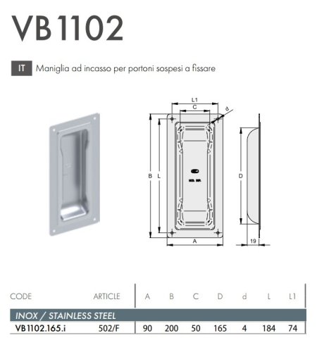 Maniglia ad incasso in acciaio inox per portoni sospesi FAC 502F - VB1102.165.I