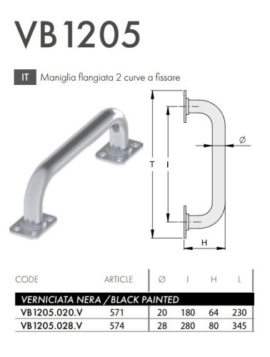 Maniglia in acciaio verniciato nero flangiata a 2 curve FAC VB1205 - interasse mm 180