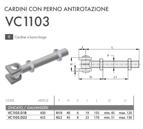 Cardine cancello a barra lunga in acciaio zincato FAC VC1103 - | M18