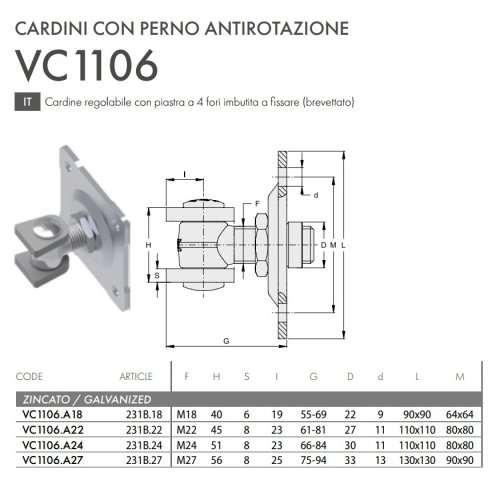 Cardine cancello regolabile con piastra a 4 fori FAC 231B-VC1106 - | M18