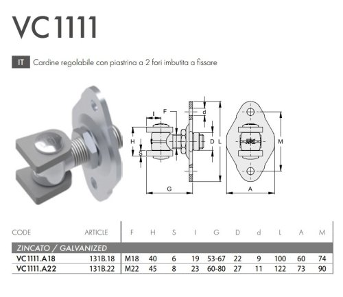 Cardine cancello regolabile piastrina a 2 fori imbutita a fissare FAC VC1111 - | M18