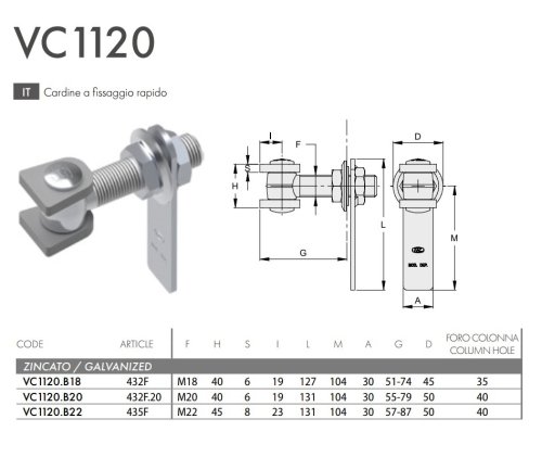 Cardine cancello in acciaio zincato a fissaggio rapido FAC VC1120 - | M18