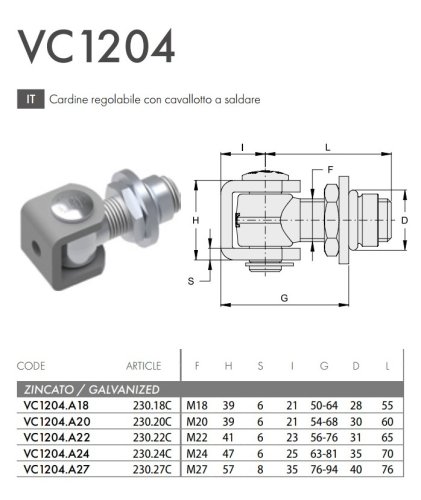 Cardine regolabile cancello in acciaio zincato con cavallotto a saldare FAC VC1204 - | M18