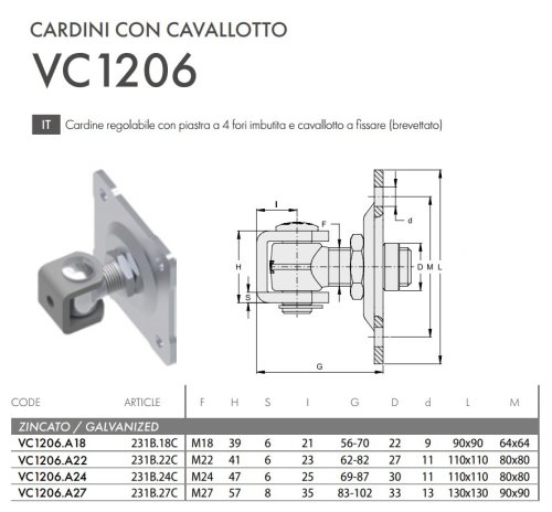 Cardine regolabile per cancello con piastra 4 fori FAC 231B - VC1206 - | M18
