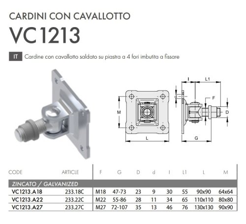 Cardine cancello in acciaio zincato cavallotto saldato su piastra a 4 fori FAC VC1213 - | M18