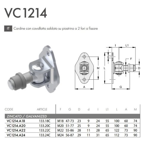Cardine cancello in acciaio zincato con cavallotto saldato su piastra 2 fori FAC VC1214 - | M18