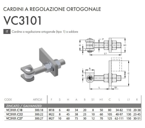 Cardine cancello a regolazione ortogonale (tipo 1) a saldare FAC VC3101 - | M18
