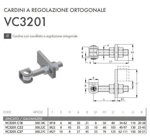 Cardine cancello con cavallotto a regolazione ortogonale FAC VC3201 - | M18