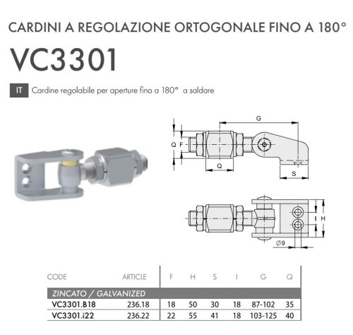 Cardine cancello a regolazione ortogonale apertura ante fino a 180° FAC 236 - VC3301 - | M18