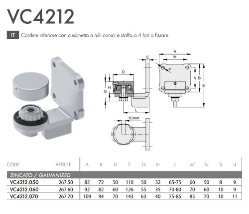 Cardine inferiore cancello cuscinetto a rulli conici e staffa a 4 fori FAC 267 - VC4212 - ø mm 50