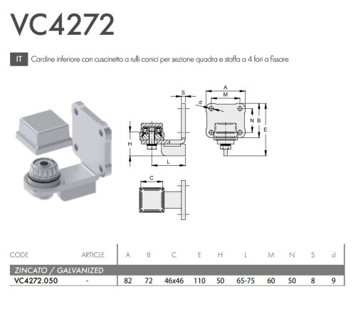 Cardine inferiore cancello cuscinetto a rulli conici per sezione quadra FAC VC4272.050