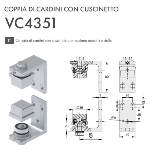 Coppia di cardini cancello con cuscinetto sezione quadra e staffa FAC VC4351.040