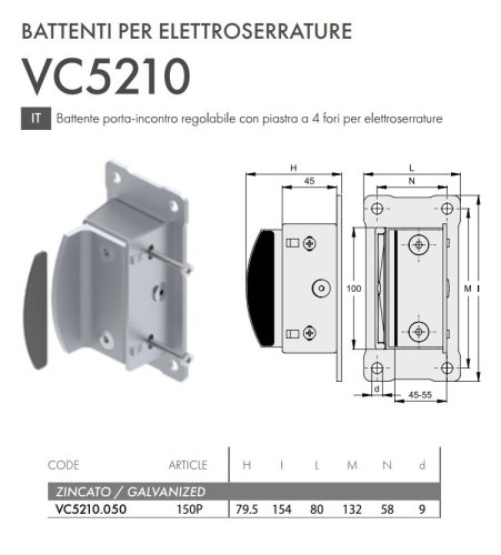 Battente cancello porta-incontro regolabile per elettroserrature FAC VC5210.050