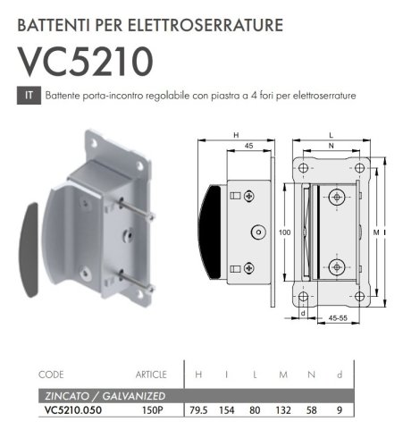 Battente cancello porta incontro regolabile per elettroserrature FAC VC5210.050