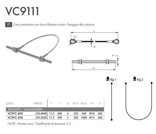 Cavo di sicurezza + barra anticaduta ante cancello in acciaio zincato FAC VC9111 - | MM400