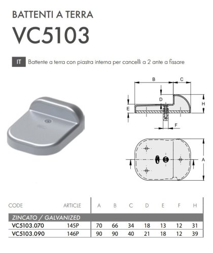 Battente a terra con piastra interna per cancelli a 2 ante a fissare FAC VC5103 - mm 70
