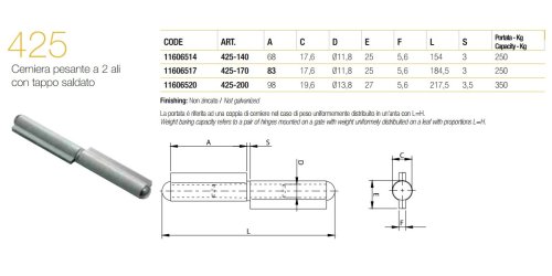 Cerniera pesante in acciaio a tappo con 2 ali a saldare Comunello 425 - mm 140