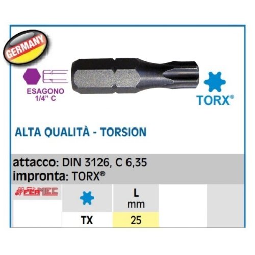 Inserto avvitare 1/4 L25 mm Torx Torsion Fermec 120 - TX 5