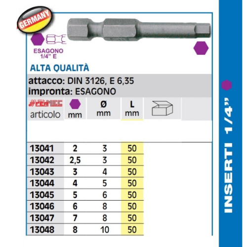 Inserti a brugola per avvitare 1/4" L50 mm Fermec 130 - mm 2