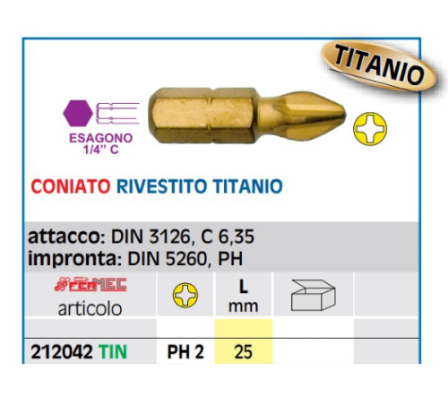 Inserto per avvitare rivestito in titanio Phillips PH2 1/4" Fermec 212042 TIN
