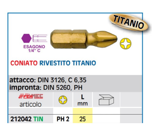 Inserti avvitare 1/4" Phillips PH2 Fermec 212042 TIN