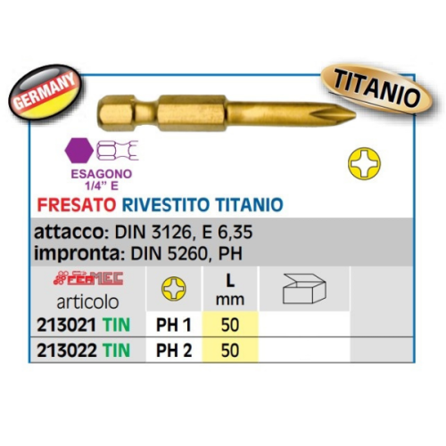 Inserto per avvitare rivestito al titanio impronta Phillips Fermec 213 - PH 1